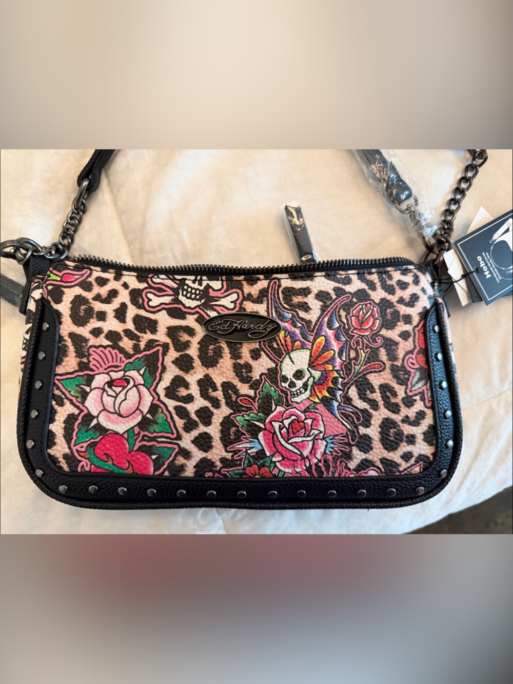 Ed Hardy Pink Leopard Floral Skull Wristlet Crossbody